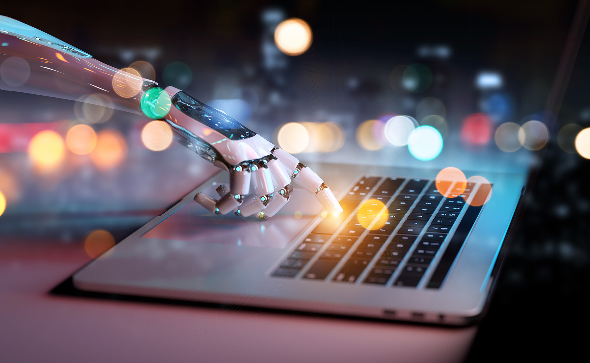 Innovative technology robotic hand on a computer keyboard